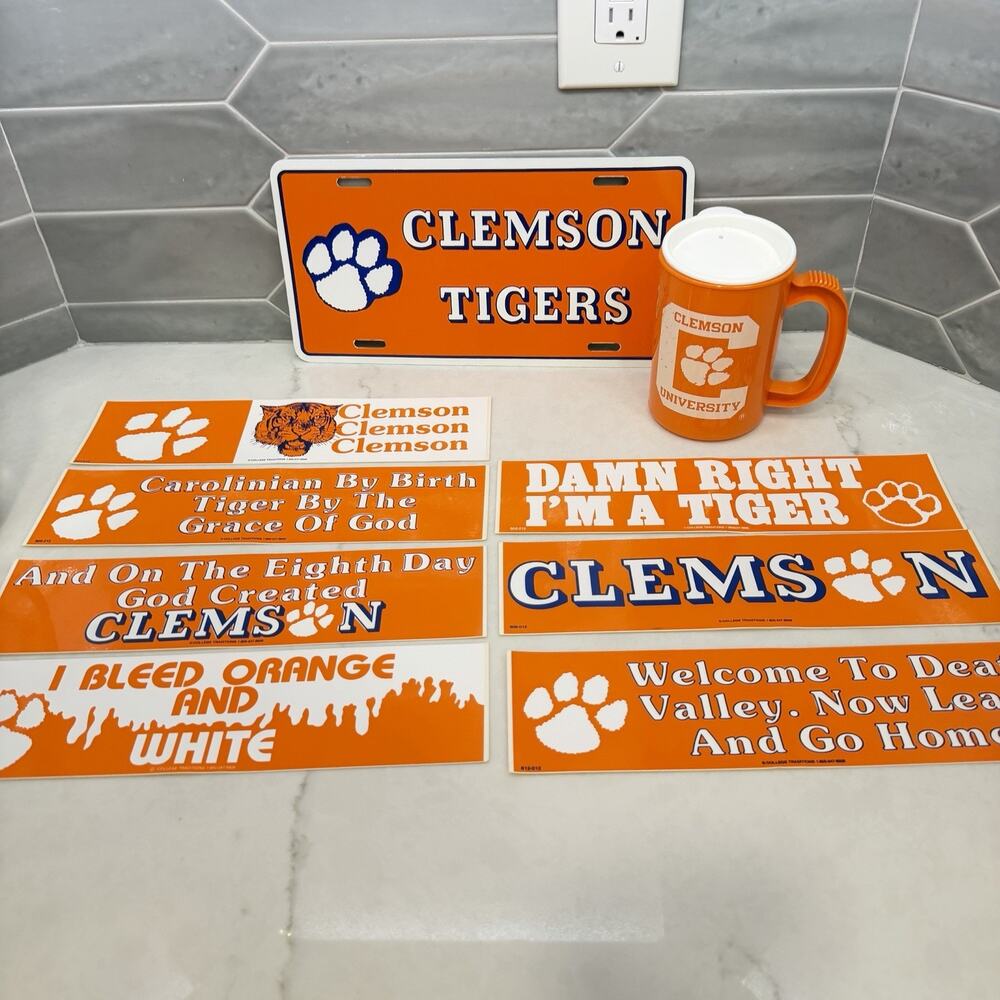 Vintage Clemson Tigers Fan Lot License Plate Bumper Sticker Travel Mug Sippy Cup